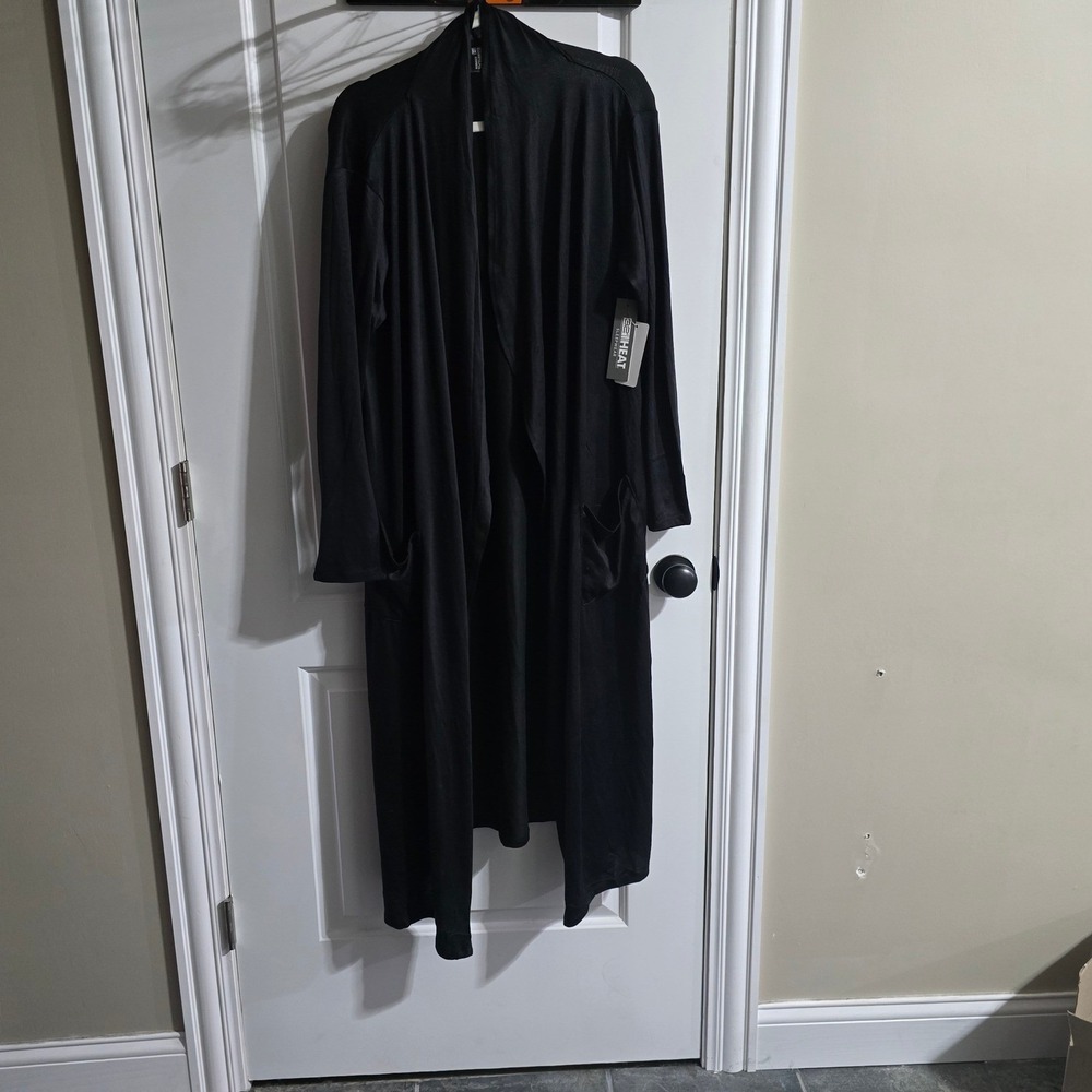 32 Degrees Heat Cardigan Robe Womens L/XL‎ Black Longline Open Front Pockets NWT